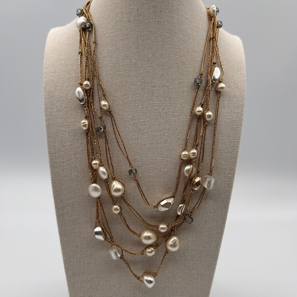 Coldwater Creek Layered Necklace Faux Pearl Gold Tone Multi Strand Mixed Beaded